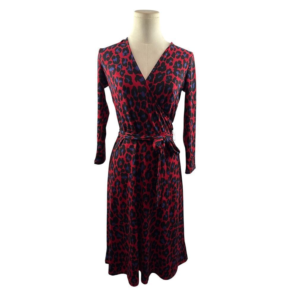 Women’s Leota XS Red, Black, Blue Leopard Print Midi Wrap Style Dress w/ Belt